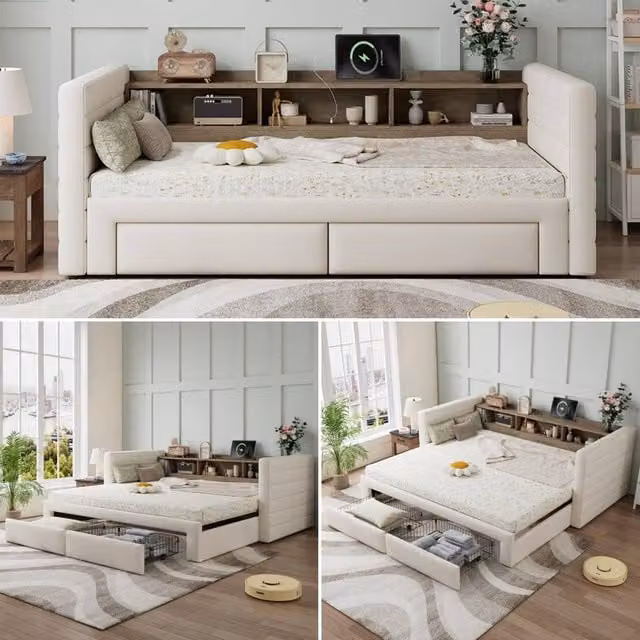 Merax 3ft Single Upholstered Daybed with Pull-Out Trundle and Storage Drawers in Beige, W/D/H: 90 x 190 x 77 cm
