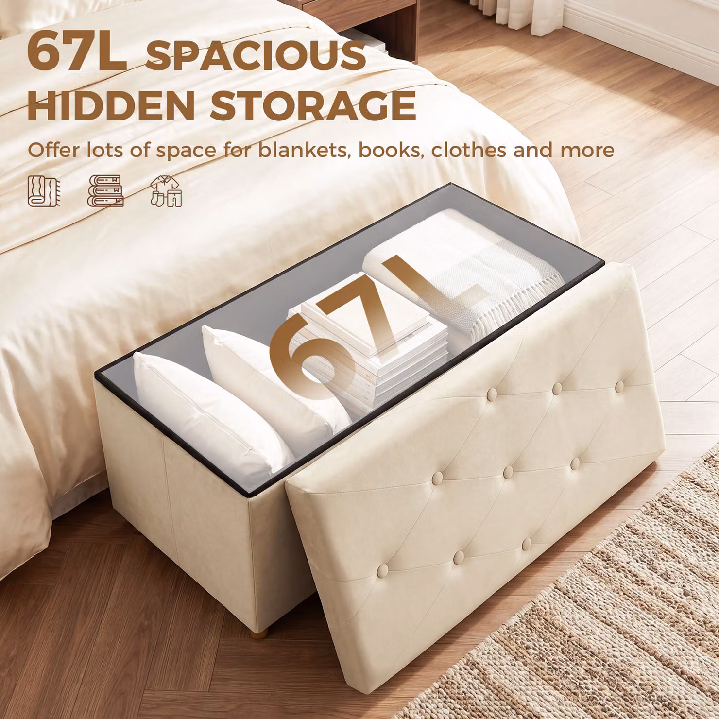 HOMCOM Cream White Velvet Upholstered Foldable Storage Ottoman Bench with Wood Legs – 2