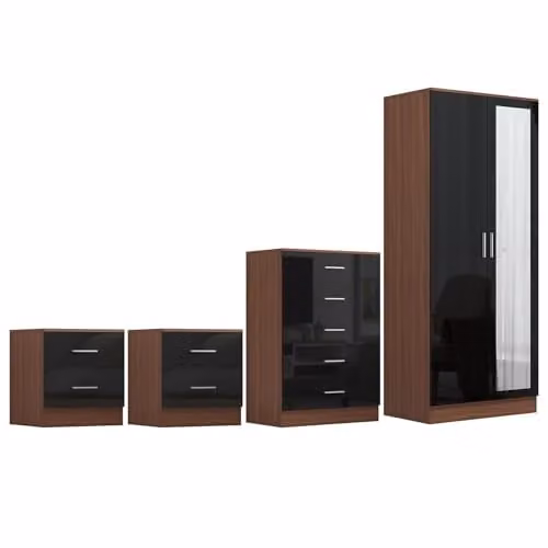 Reflect Modern Bedroom Furniture Set in Black Gloss and Walnut Finish, including 2 Door Mirror Wardrobe, Tallboy Chest and 2 Bedside Tables – 3