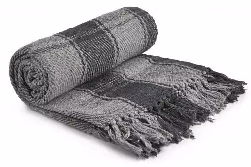 New Edge Blinds Comfy Check Collection Grey Woven Cotton Throw, W: 228 cm, D: 254 cm – 2