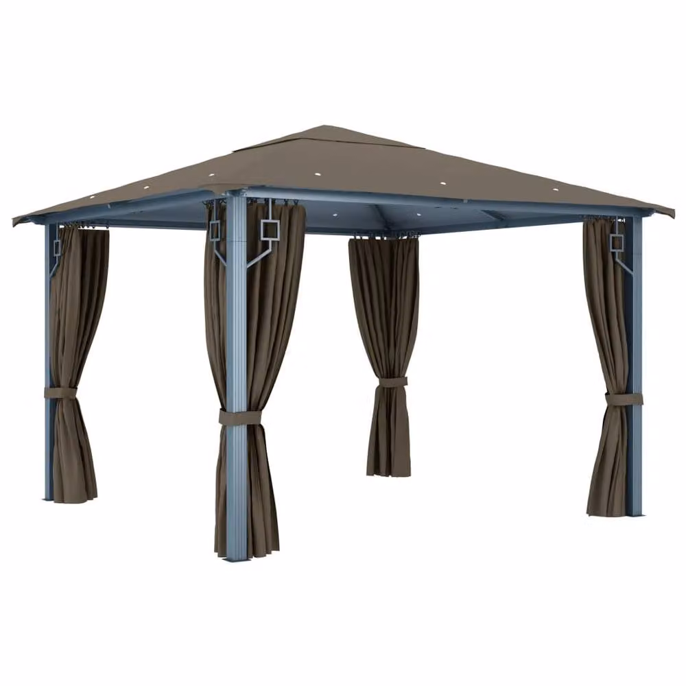 Berkfield Home Gazebo with Curtains and LED String Lights, Taupe, W/D: 3 x 3 m – 3