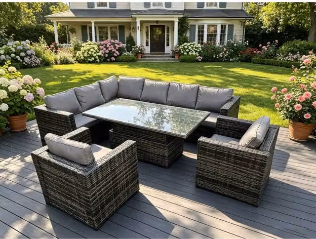 Fimous Outdoor Rattan Sofa Set with Left Corner, 2 Chairs and Height Adjustable Rising Table in Dark Grey Mixed