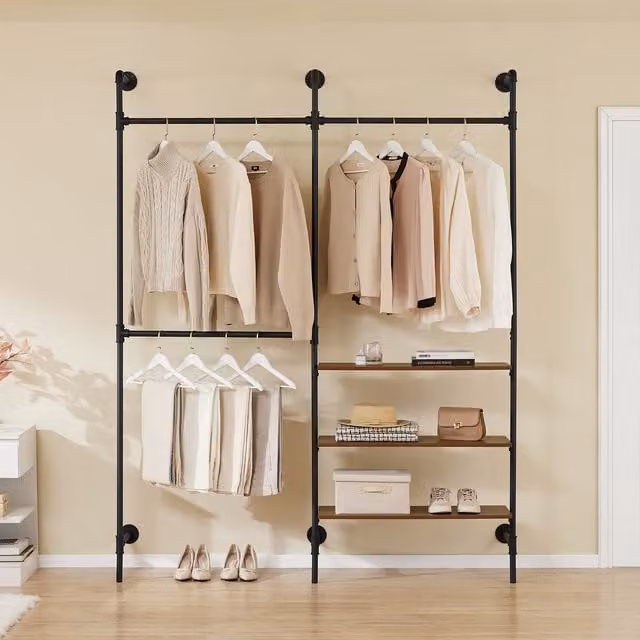 SoBuy Modern Wall-Mounted Clothes Rail with 3 Shelves in Matt Black Metal