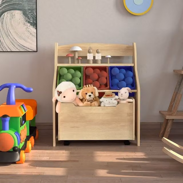 Hygrad Scandinavian Wood Kids Toy Storage in Brown and Beige with Back Panel
