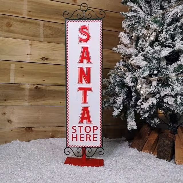 Samuel Alexander Red, White and Green Santa Stop Here Metal Christmas Tabletop Sign, Height: 86 cm