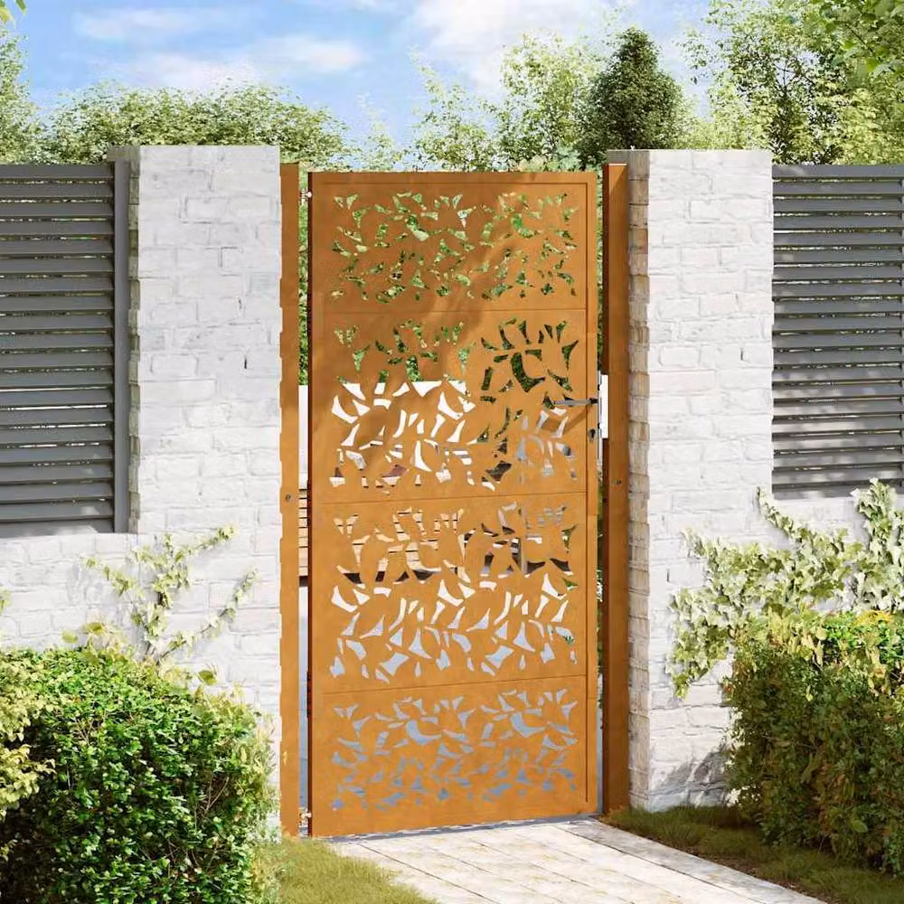 Berkfield Brown Weathering Steel Leaf Design Garden Gate W: 105 cm, H: 180 cm – 2