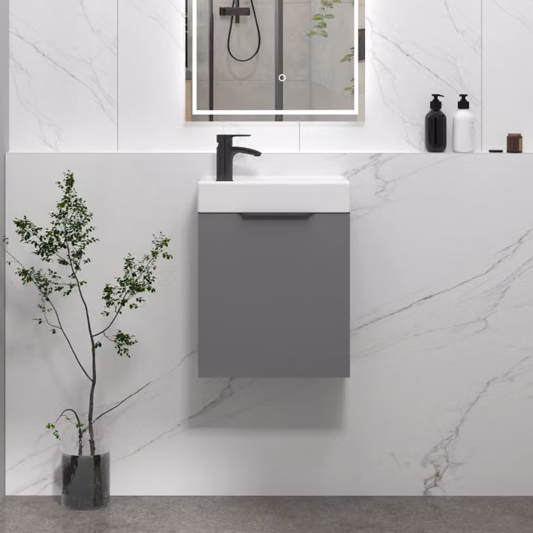 Royal Bathrooms Como 400mm Wall Hung Cloakroom Vanity Unit with Basin in Indigo Grey Gloss and Matt Black Handle