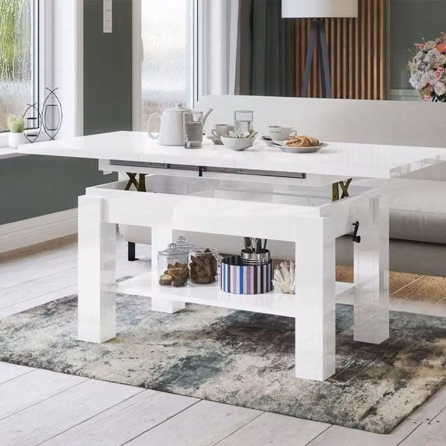 Heze Furniture Astoria 2 in 1 Extending Coffee and Dining Table, White Gloss