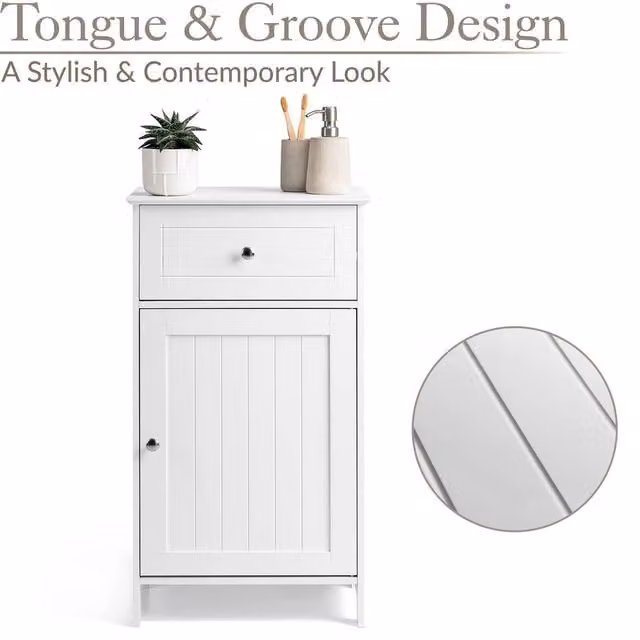 Havendro White Bathroom Storage Cupboard Unit with Single Door and Drawer, H 77 cm x W 43 cm x D 34 cm – 1