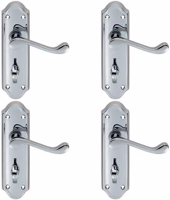 Loops 4 Pairs of Victorian Upturned Lever Bathroom Lever on Backplate, Chrome, 168 x 47 mm