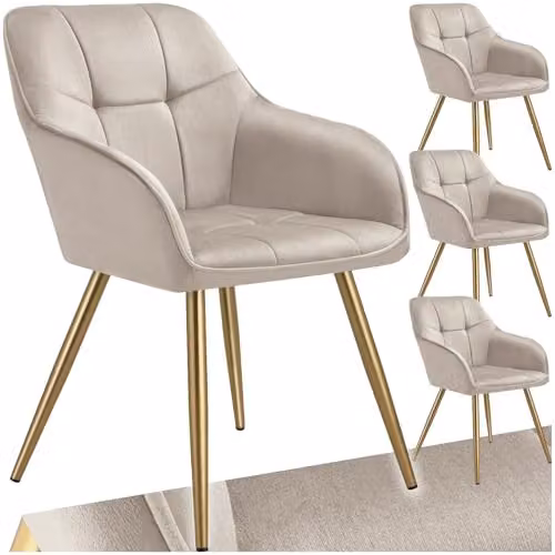 tectake Marilyn Set of 4 Dining Chairs in Taupe and Gold with Velvet Fabric and Armrests