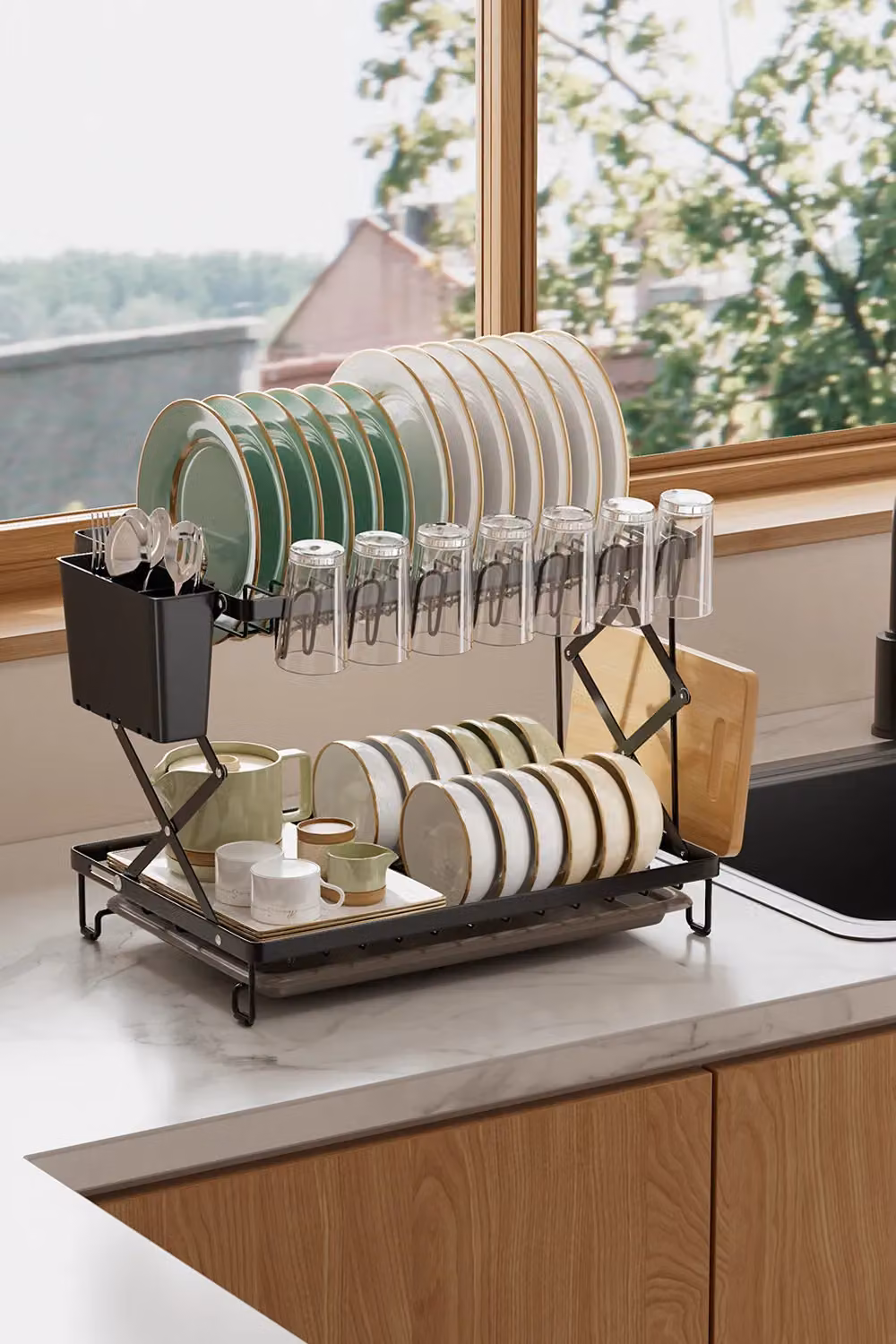Living and Home 2-Tier Folding Dish Drying Rack with Detachable Drainboard and Kitchenware Holder, Black – 3