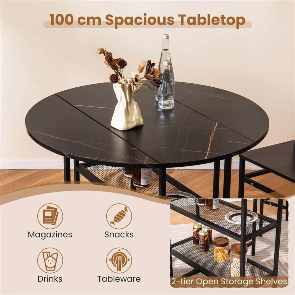 NESTLUNE Modern Round Black Kitchen Dining Table with Drop Leaf and Castors, W/D/H: 100 x 80 x 75 cm – 4