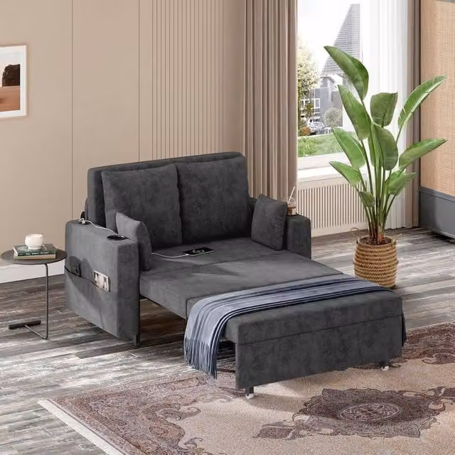 London Boutique 2 Seater Convertible Sofa Bed in Dark Grey with USB and Type-C Charging Ports and Cup Holders – 1