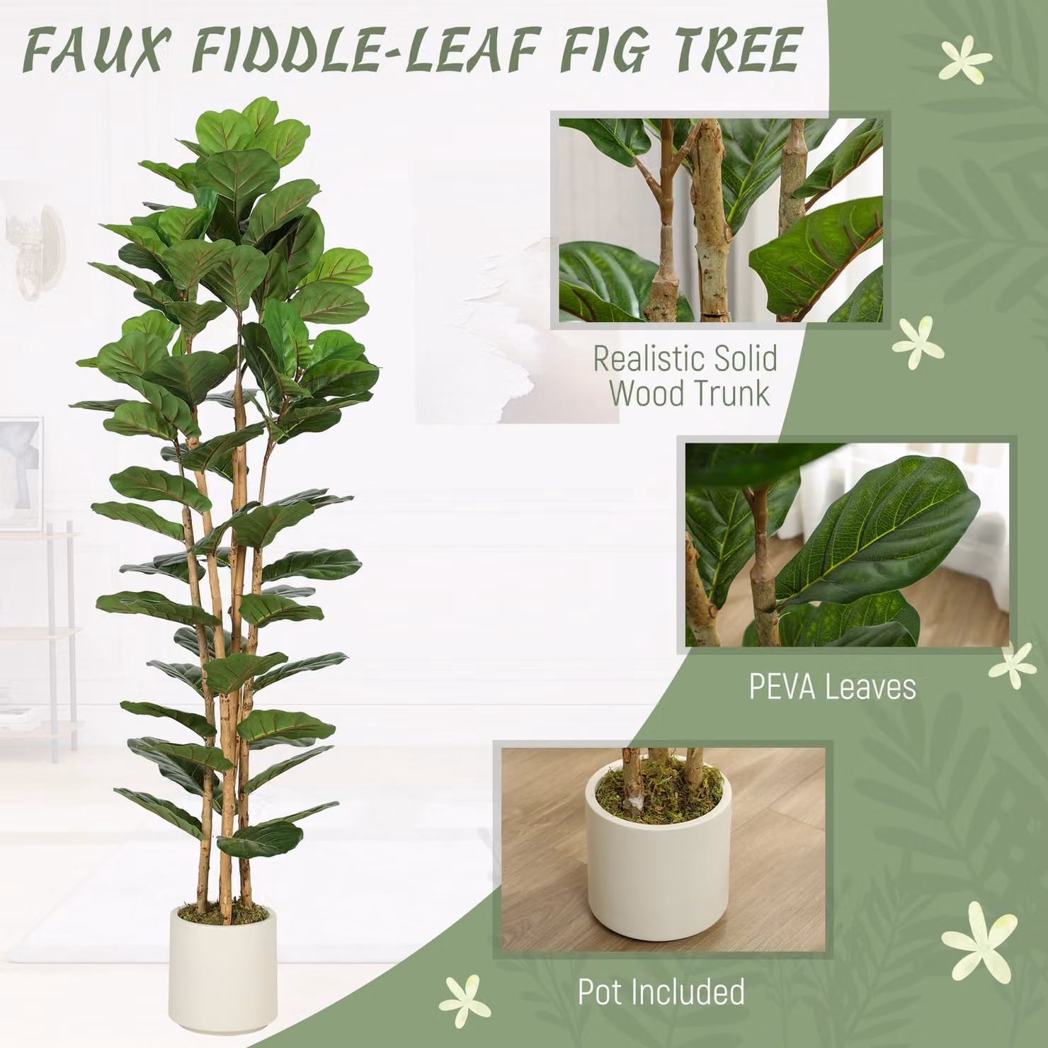 HOMCOM 180cm Artificial Fiddle Leaf Fig Tree in Green – 4
