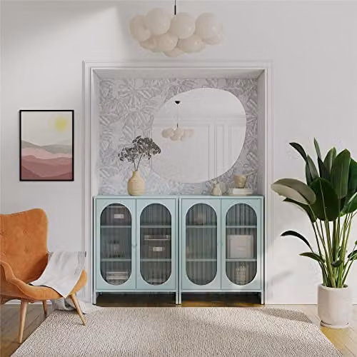 Dorel Home Luna Metal Cabinet with 2 Fluted Glass Doors, Blue, W: 80 cm, D: 40 cm, H: 102 cm – 2