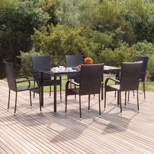 Berkfield Home 7 Piece Black Poly Rattan Garden Dining Set with Glass Top Table