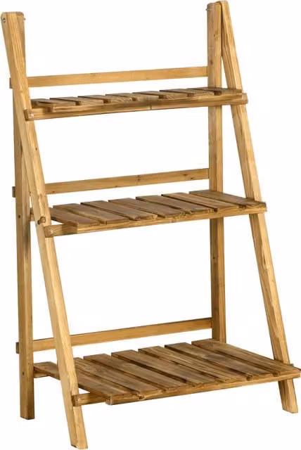 Outsunny 3 Tier Wooden Folding Flower Pot Stand, Brown Garden Planter Display Ladder, W: 37 cm, D: 60 cm, H: 93 cm