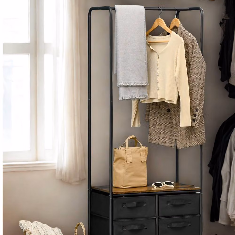 FURNOS Open Wardrobe Clothes Rail with Storage Drawers on Wheels, Brown, H 172.5 x W 100 x D 40 cm – 2