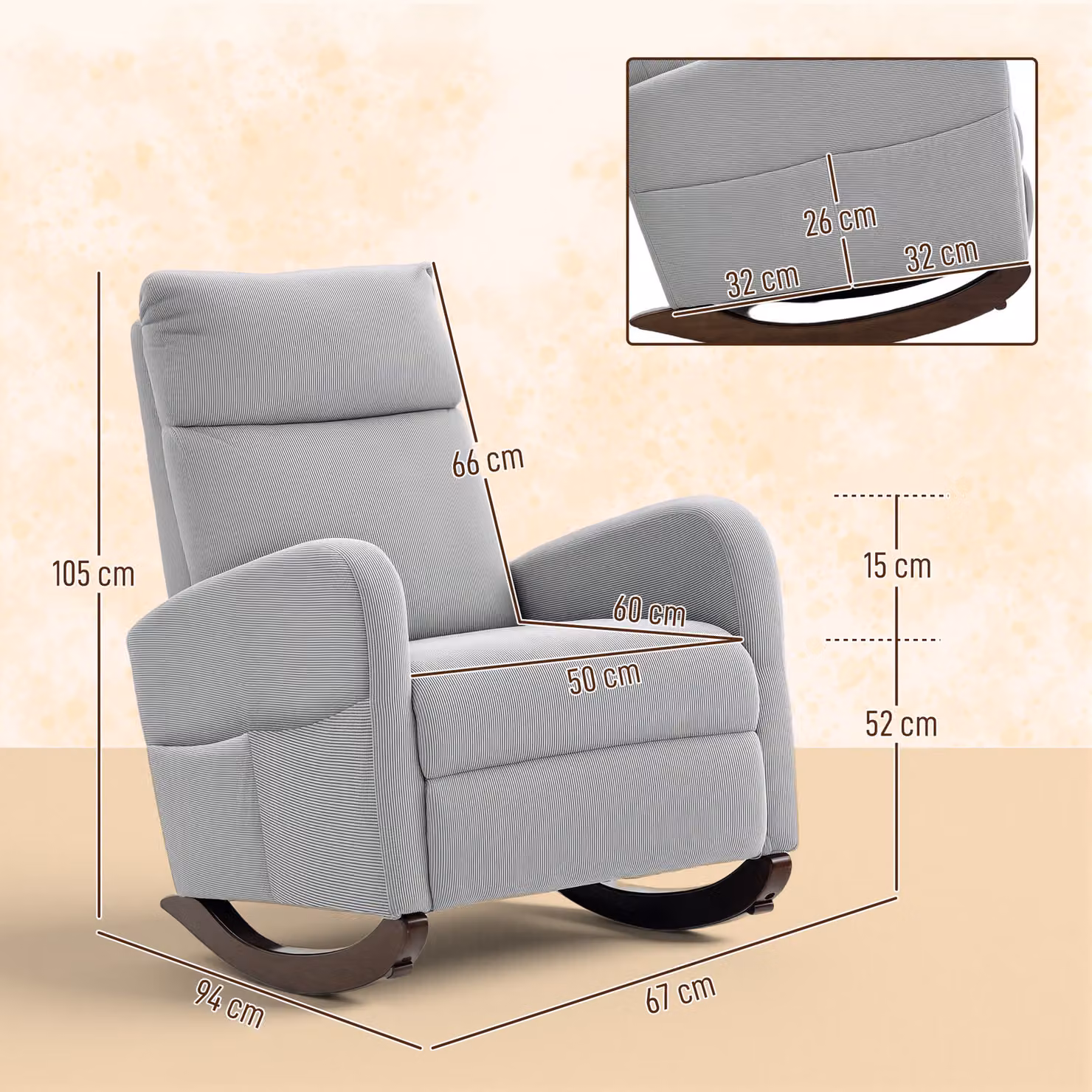 HOMCOM Grey Corduroy Rocking Armchair with Armrests and Rubberwood Legs – 2