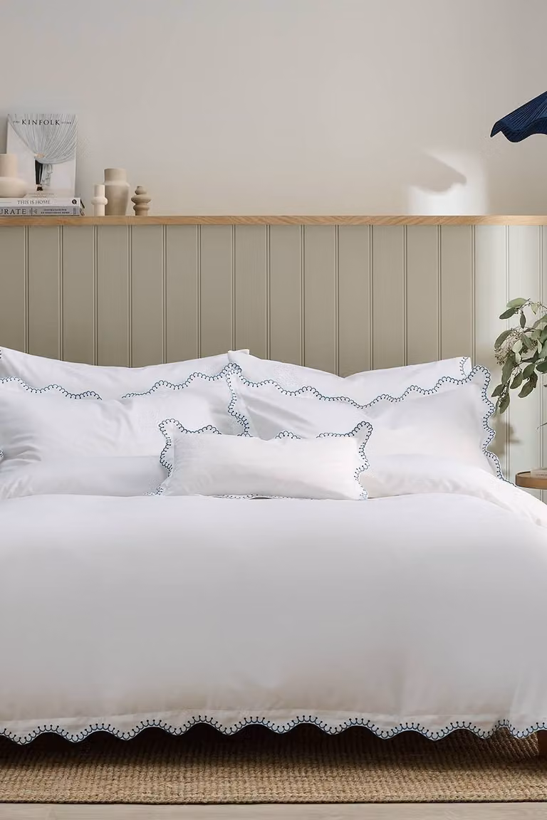 Christy Lucerne Scallop Luxury Cotton Sateen Boudoir Cushion in Blue and White, W/D/H: 50 x 30 x 30 cm