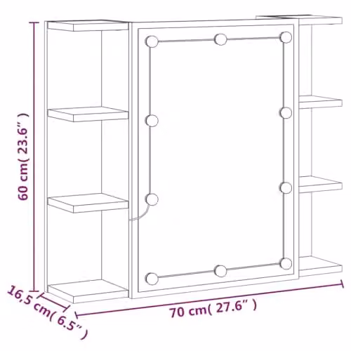 vidaXL Wall-mounted Mirror Cabinet with LED Lighting in Brown Oak, W/D/H: 60 x 16.5 x 70 cm – 3