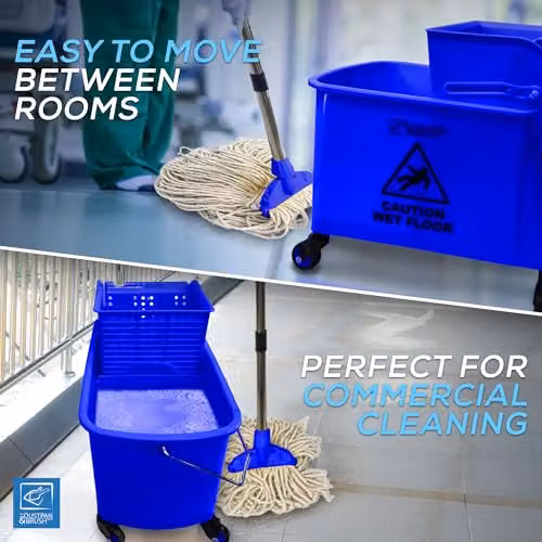 TDBS Kentucky Floor Mop and Bucket Set with Wringer and Refillable Head, Blue and Yellow – 3