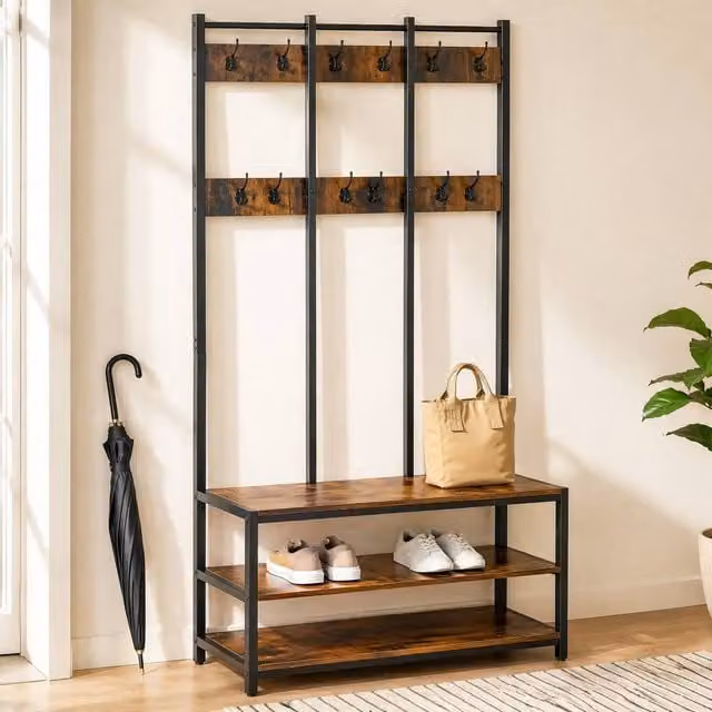 STILVORA Industrial Hall Tree with Bench and Shoe Rack in Brown and Black – 1