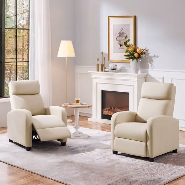 Yaheetech Adjustable Fabric Single Reclining Chair with Armrests and Pocket in Beige and White