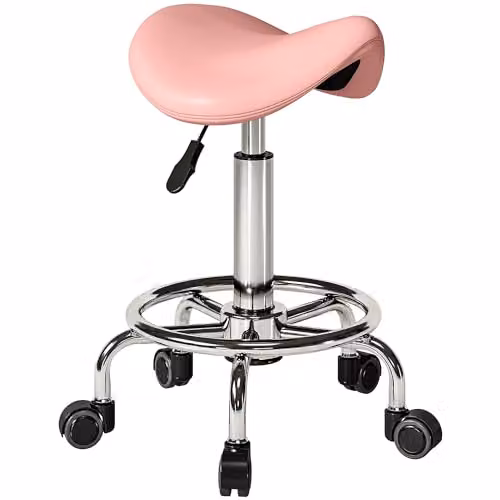 HOMCOM Pink PU Leather Adjustable Rolling Saddle Stool for Spa and Salon – 1