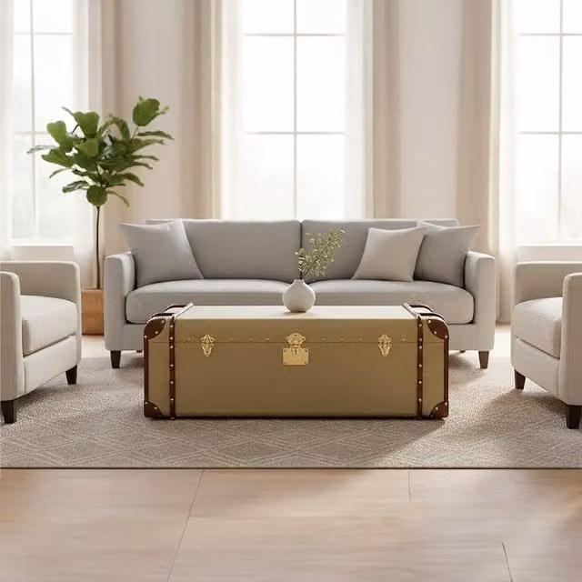 Fifty Five South Columbus Canvas Trunk Design Coffee Table in Natural Mango Wood and Beige Canvas