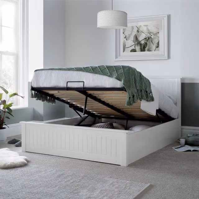 Bedmaster Dawson White Wooden Ottoman Bed Frame with Lift Up Base, W/D/H: 180 x 166 x 106 cm – 1