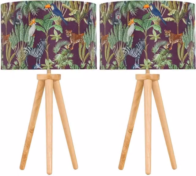 First Choice Lighting Set of 2 Light Oak Table Lamps with Brown Safari Velvet Shades – 1