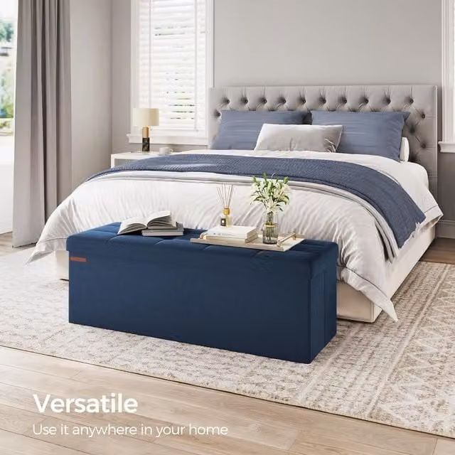 SONGMICS Extra Large Foldable Storage Ottoman Cube Heavy Duty Velvet Bench in Blue – 1