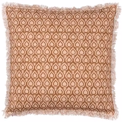 Yard Furn Georgi Geometric Floral Cotton Cushion in Brown with Fringed Trim, W/D/H: 50 x 50 x 50 cm
