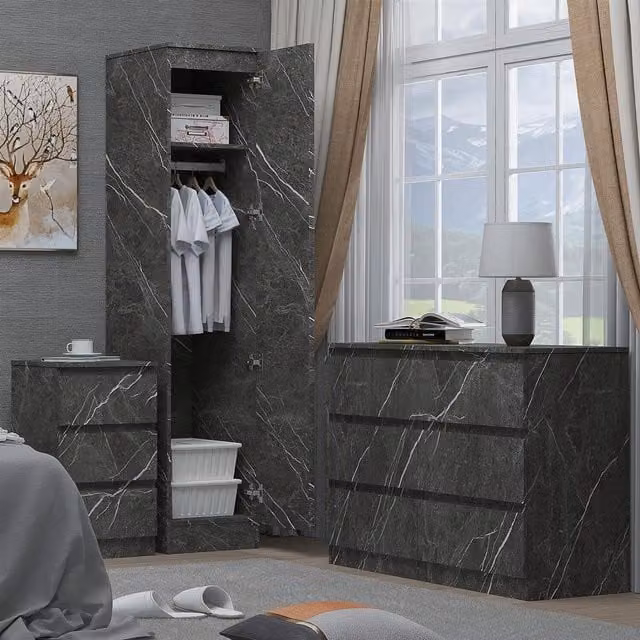 ZITA 3 Piece Bedroom Furniture Set in White and Grey Marble Effect featuring 1 Door Wardrobe, 6 Drawer Wide Chest and 3 Drawer Bedside Tables