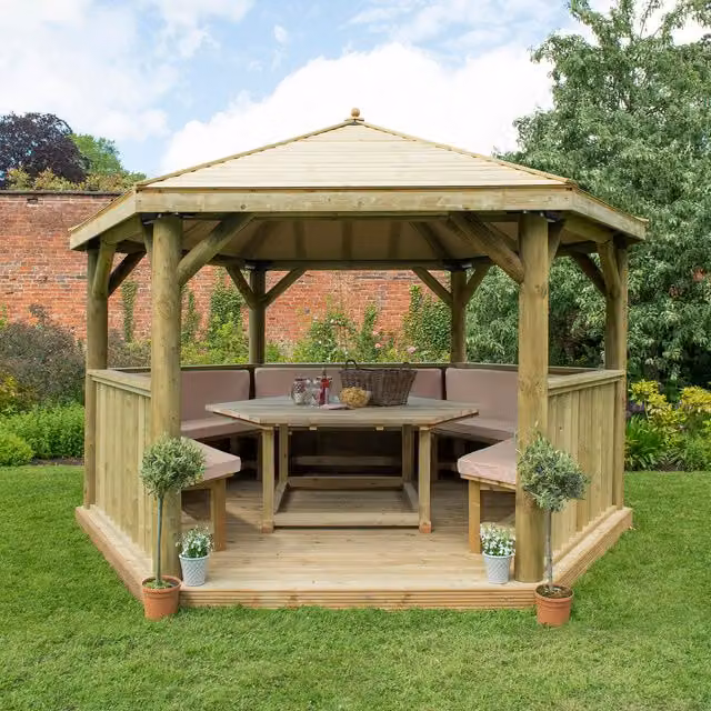 Forest Hexagonal Garden Gazebo in Cream and Beige with Pine and Cedar Wood and Metal Frame