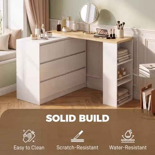 HOMCOM Modern White Dressing Table with 3-Tier Shelf and 6 Drawers, W/D/H: 130 x 40 x 80 cm – 4