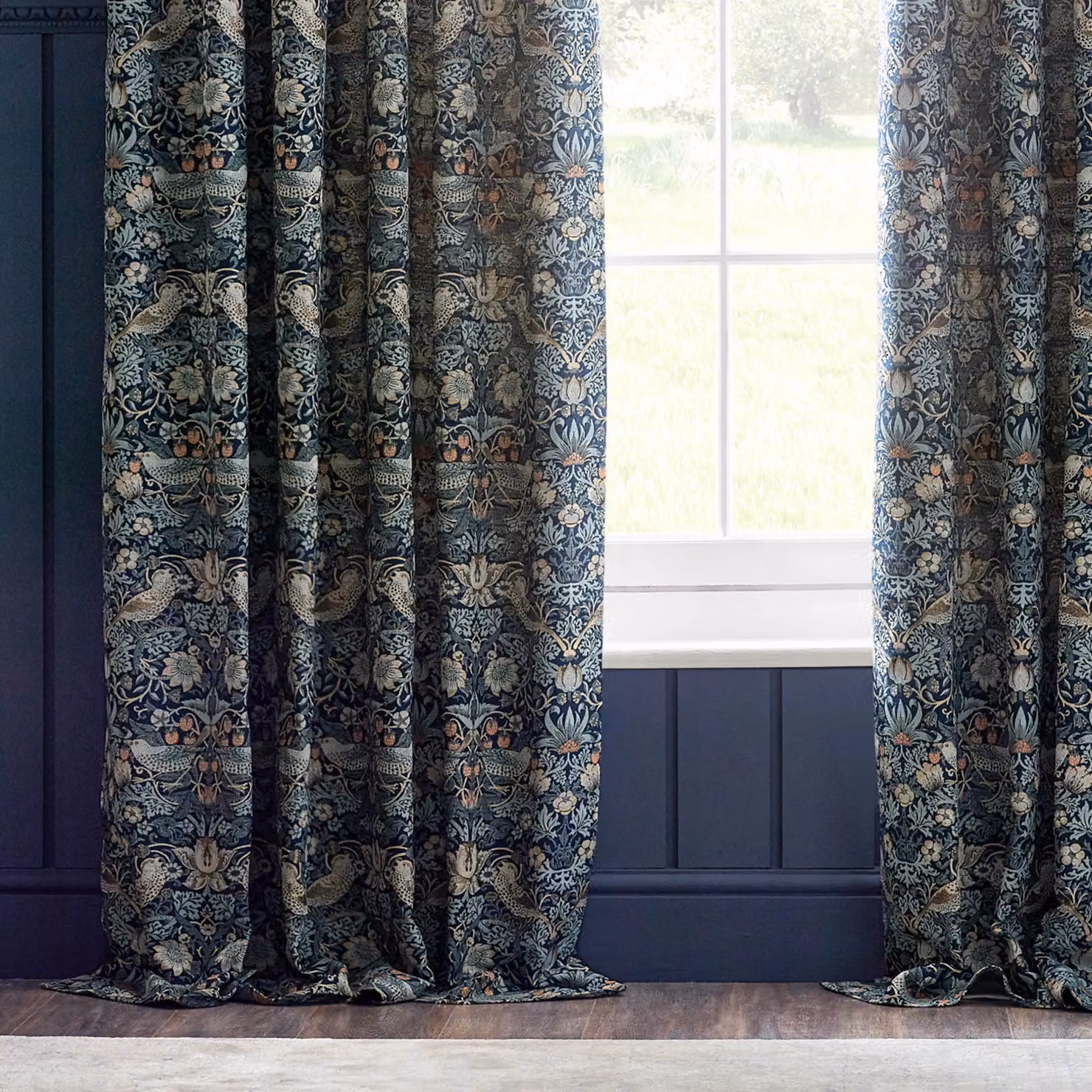 Morris & Co. Strawberry Thief Jacquard Floral Pencil Pleat Curtains, Blue, Width: 117 cm, Drop: 183 cm – 4