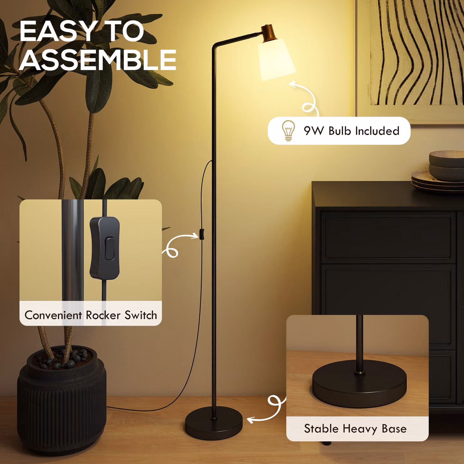 HOMCOM Modern Black LED Floor Lamp with 350 Degree Rotatable Head and Adjustable Colour Temperatures – 4