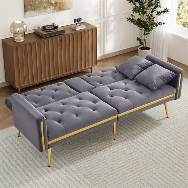 FORGEVIO Grey 2 Seater Click Clack Sofa Bed with Velvet Upholstery and Cup Holders