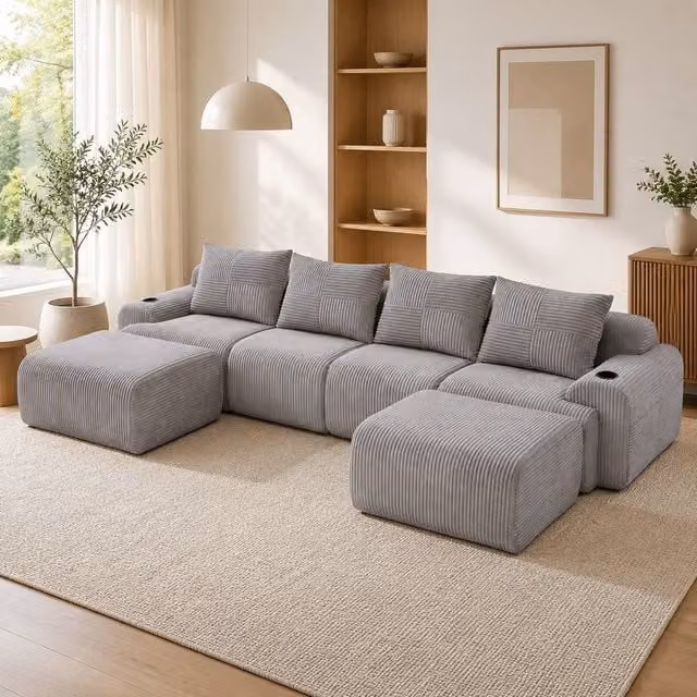 STILVORA 4-Seater Modular L-Shape Sofa in Grey with Cup Holders and Upholstered Frame