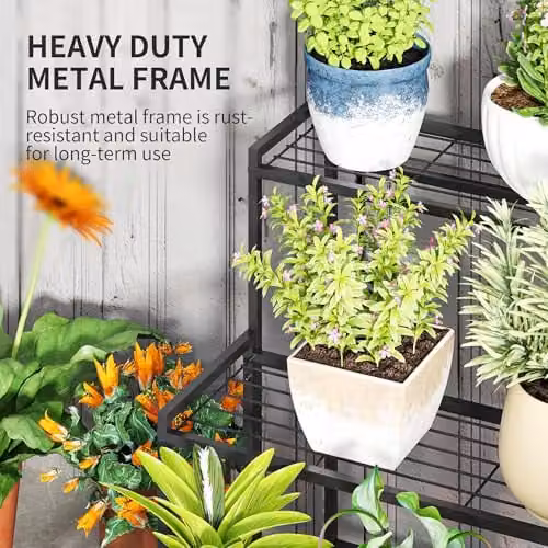 Outsunny 3-Tier Metal Ladder Plant Stand, Modern Freestanding Garden Shelf, Black, H 75 x W 70 x D 66 cm – 3
