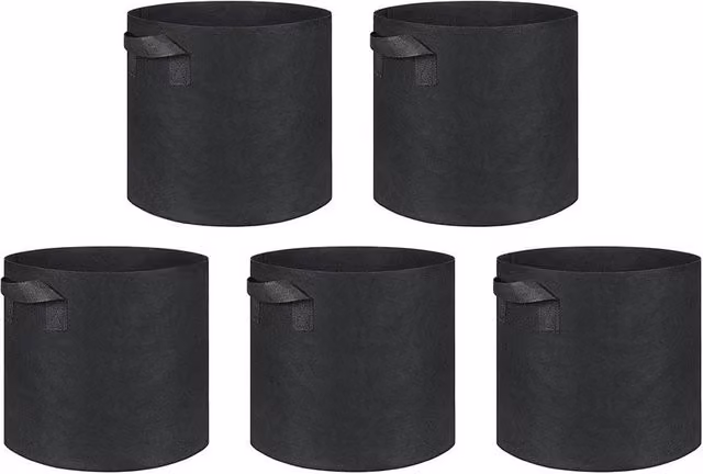 FLAVORA 5-Piece Black Plastic Large 5 Gallon Plant Growing Planter Bags for Vegetable and Ornamental Gardens – 1