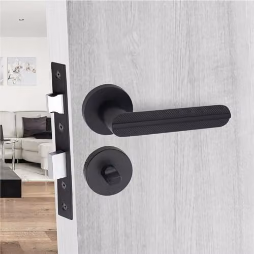 Golden Grace Matt Black Bathroom Door Handles on Round Rose – 3