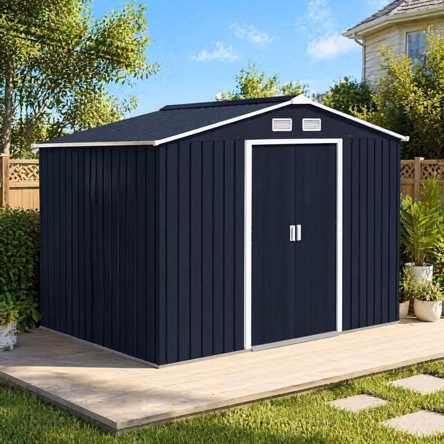 STILVORA Modern Grey Galvanised Steel Garden Shed with Sliding Doors and Gable Roof
