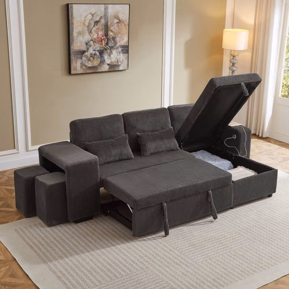 Matteo Reversible L-Shaped Convertible Sofa Bed with USB Charging Station and Storage in Grey – 2