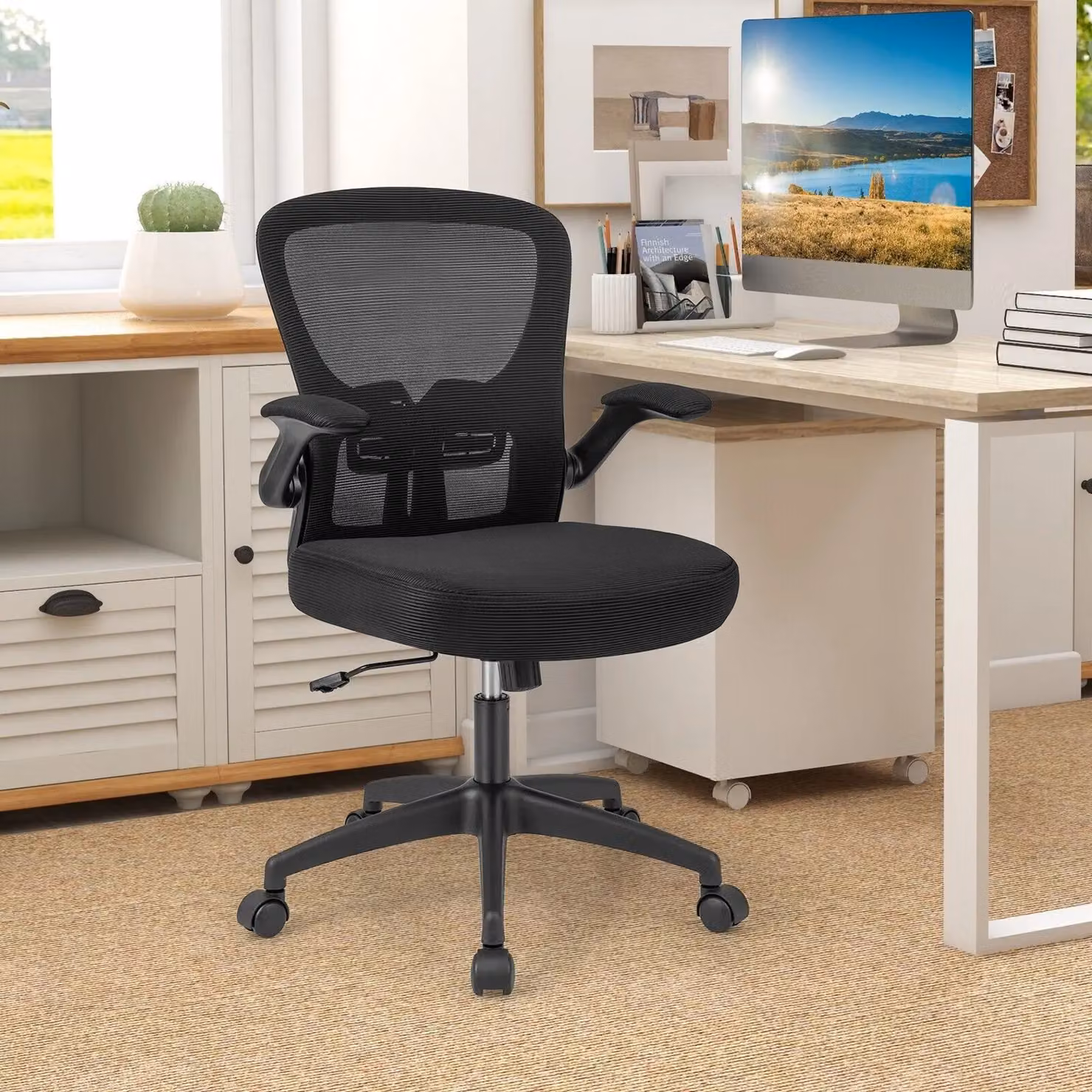 Costway Ergonomic Black Fabric Office Chair with Adjustable Swivel and Armrests – 3