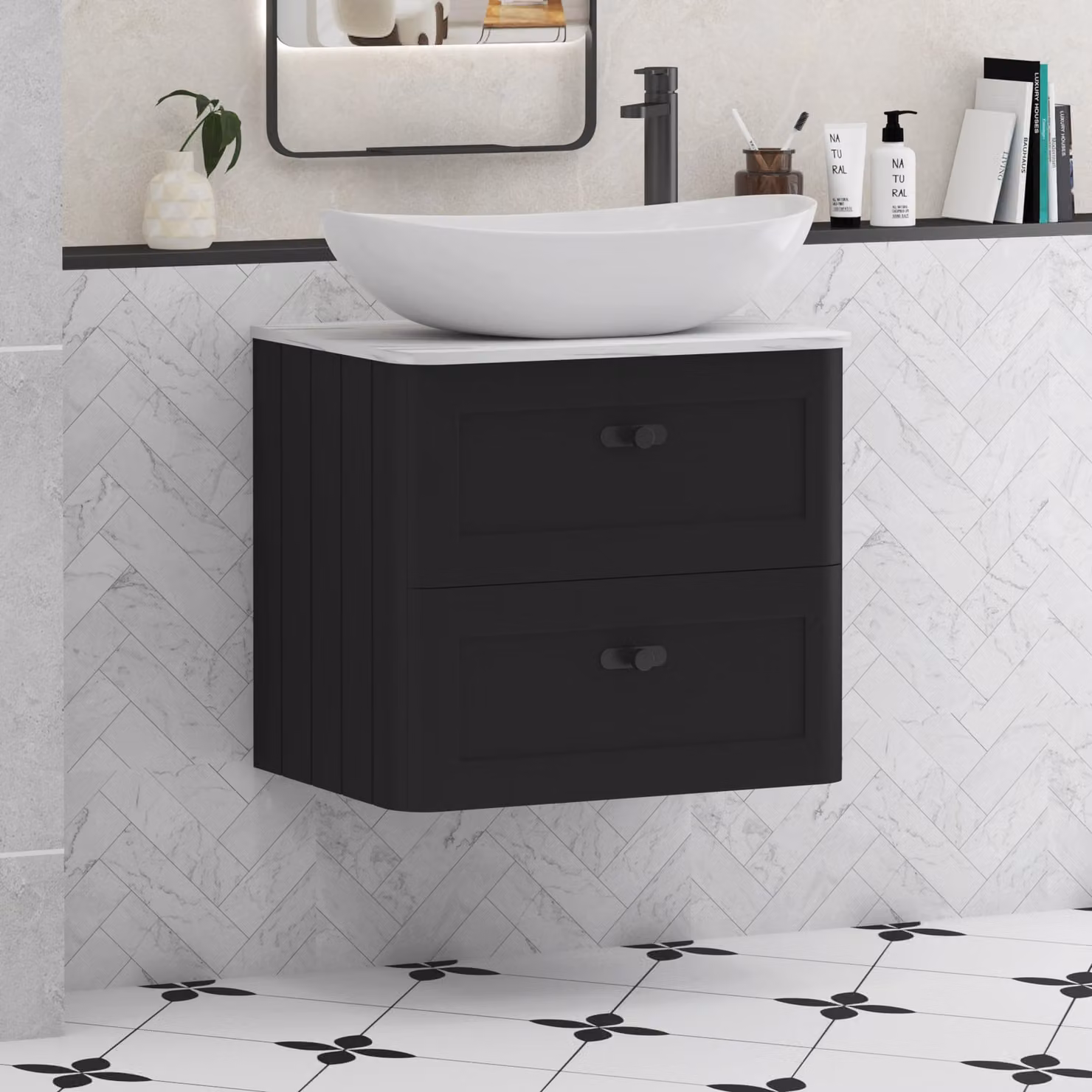 Royal Bathrooms Henley Matt Nocturne Black Wall Hung 2 Drawer Vanity Unit with Carrara White Worktop