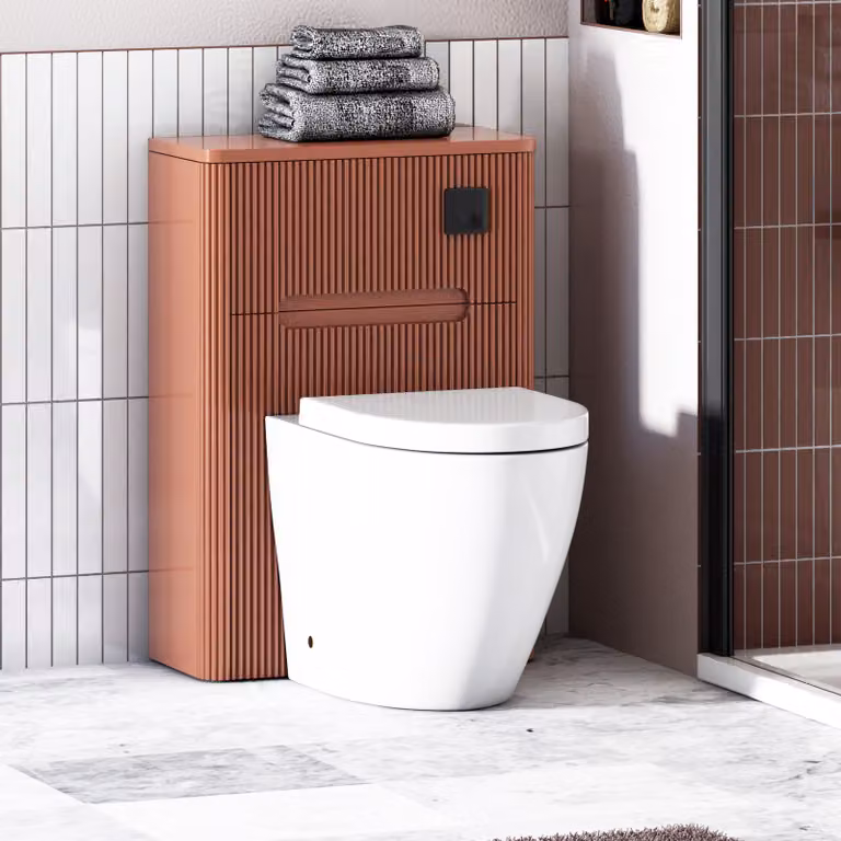 Avenza Terracotta Clay Ceramic Wall Mounted WC Unit with Elva Rimless Toilet Pan, Soft Close Seat and Cistern, Width: 55 cm, White